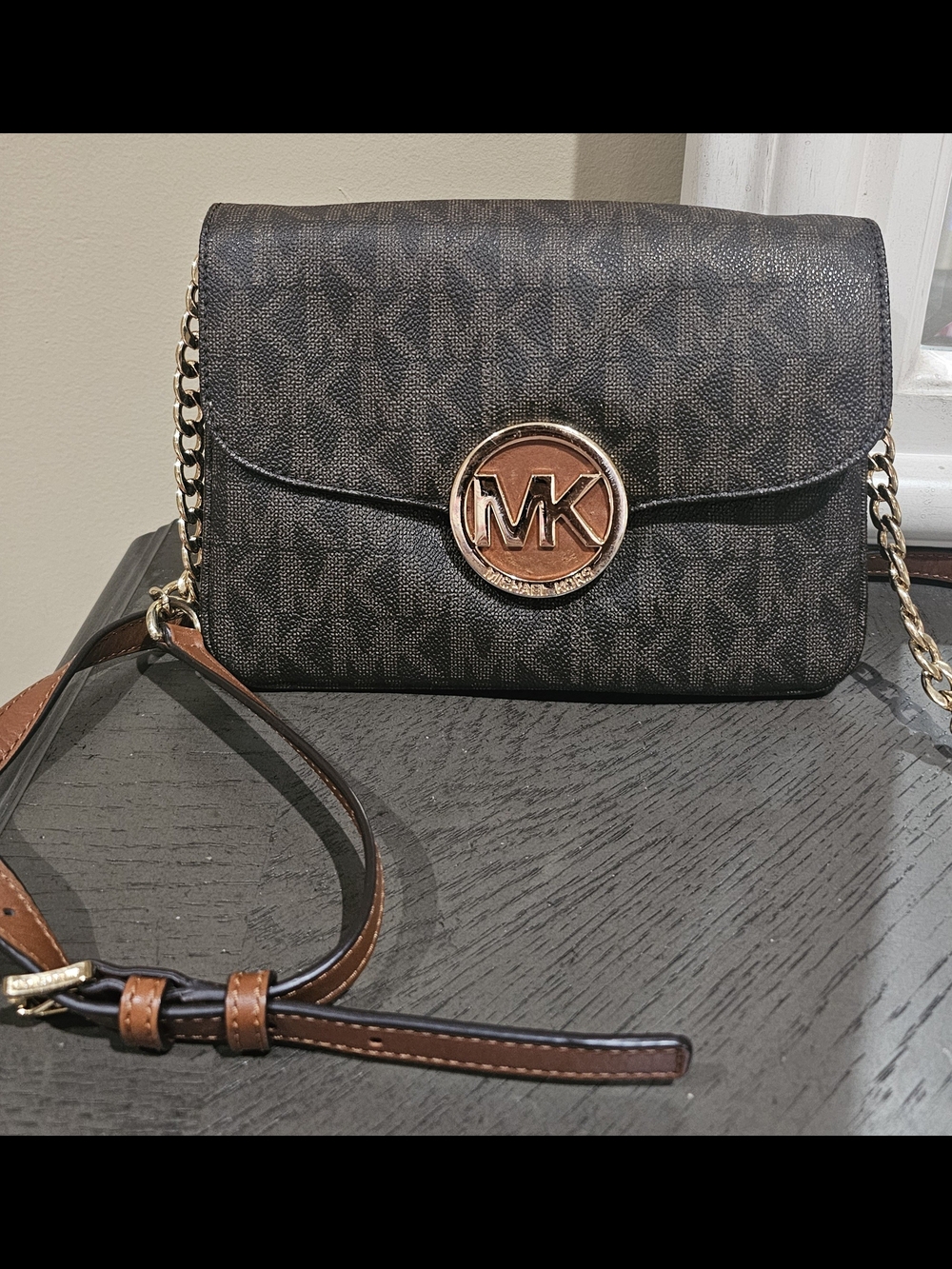 Michael Kors Brown and Black MK Monogram Chain Crossbody